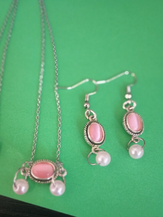 Handmade Jewelry - Pink Pearl Drop Necklace and Earrings Set - Women's Jewelry